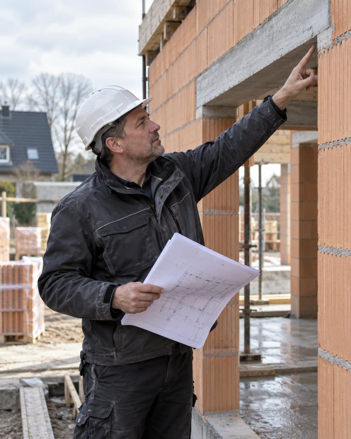 Bauleiter mit weißem Helm und Bauplan in der Hand zeigt im Ziegel-Rohbau auf einen Betonsturz über einer Maueröffnung