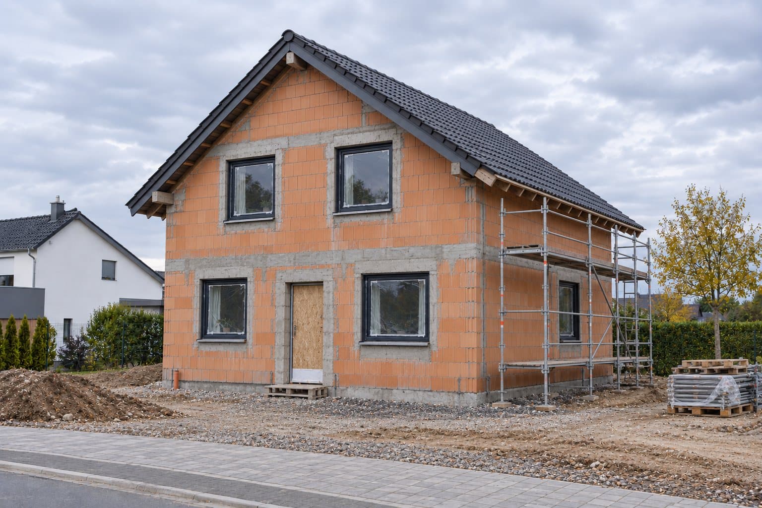 Einfamilienhaus im Rohbau: Mauerwerk aus Hochlochziegeln mit Betonstürzen, eingedecktes Dach, Gerüst an der Seite und unbefestigtes Grundstück